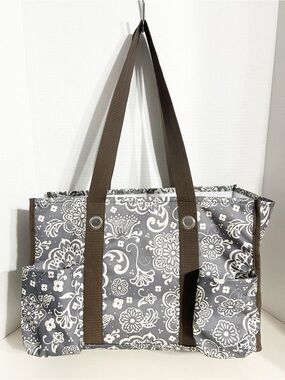 Thirty-One Gray White Floral Damask Everyday Shoulder Tote Bag Brown Handles
